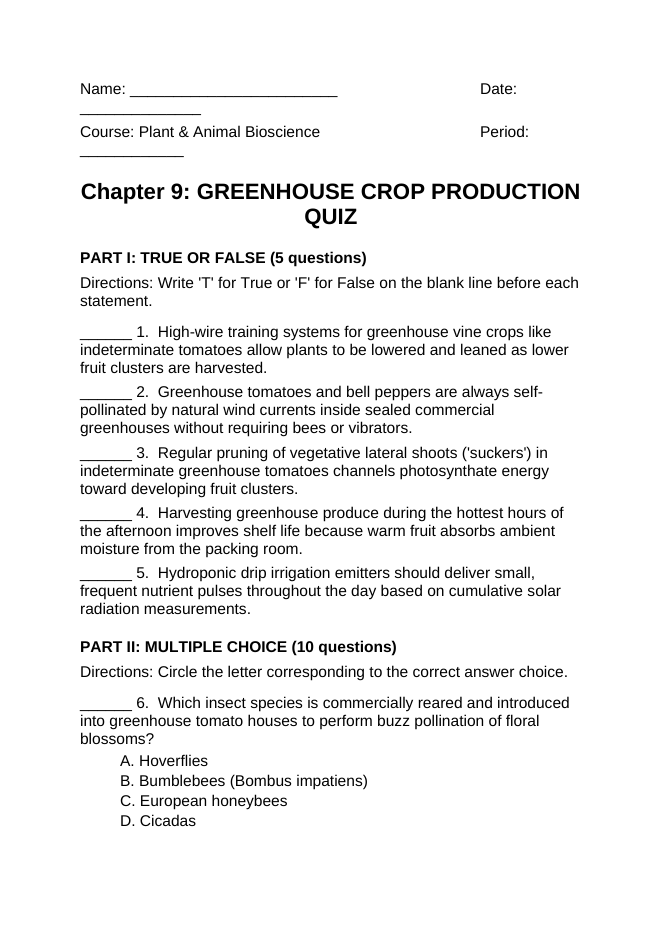 Principles of Protected Agriculture Lesson Quiz sample page