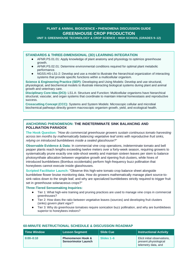 Principles of Protected Agriculture Phenomena-Based Lesson: The Indeterminate Sink Balancing and Pollination Paradox Teacher Discussion Guide sample page