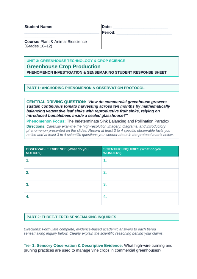 Principles of Protected Agriculture Phenomena-Based Lesson: The Indeterminate Sink Balancing and Pollination Paradox Student Response Sheet sample page