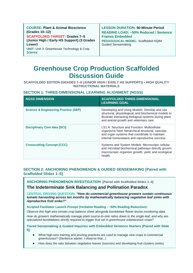 Principles of Protected Agriculture Scaffolded Phenomena-Based Lesson: The Indeterminate Sink Balancing and Pollination Paradox Teacher Discussion Guide sample page