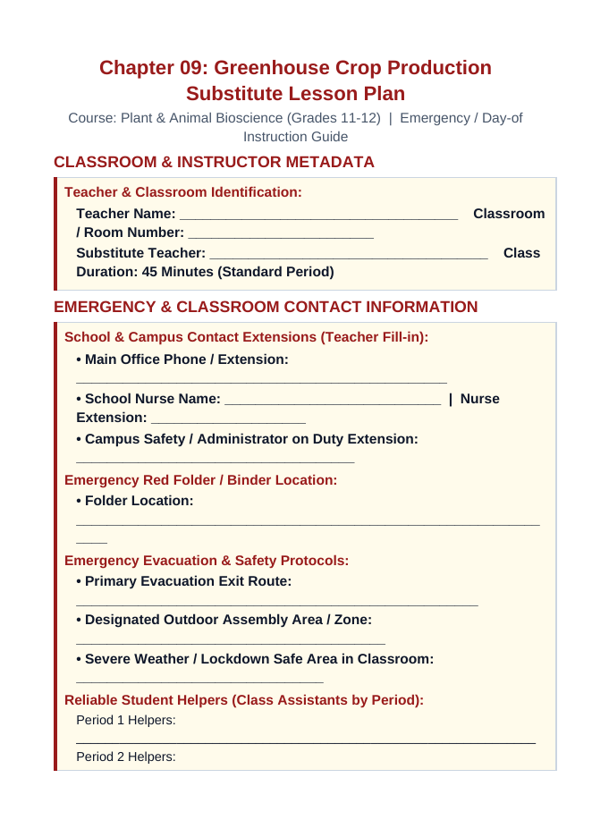 Principles of Protected Agriculture Substitute Lesson Plan sample page