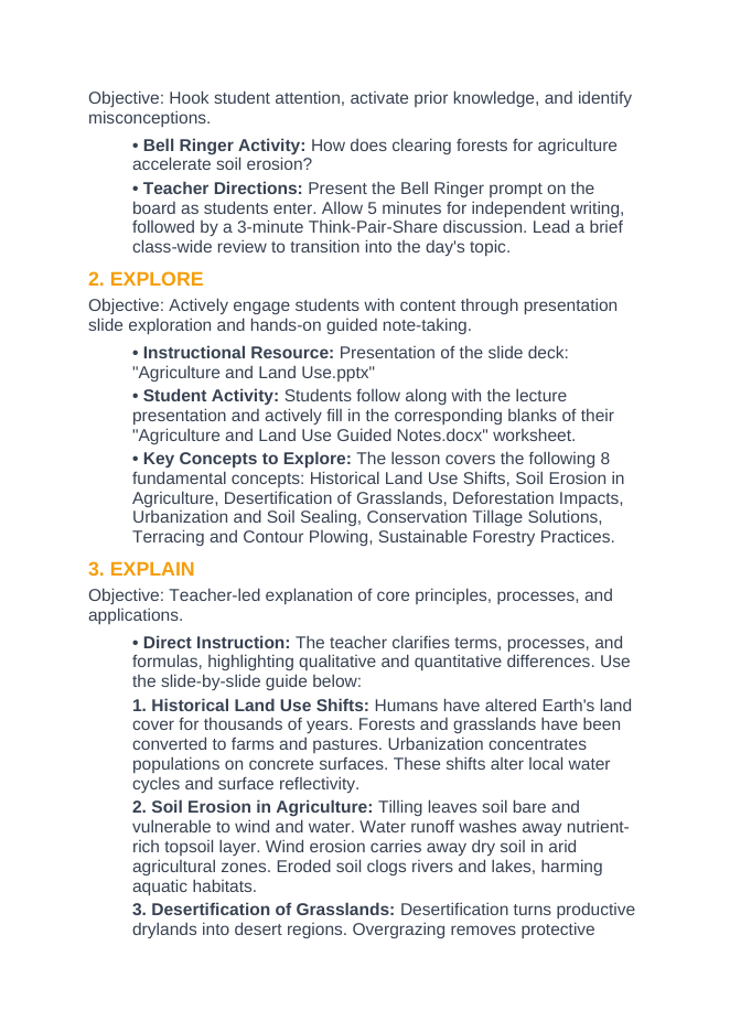 Agriculture & Land Use 5E Lesson Plan sample page