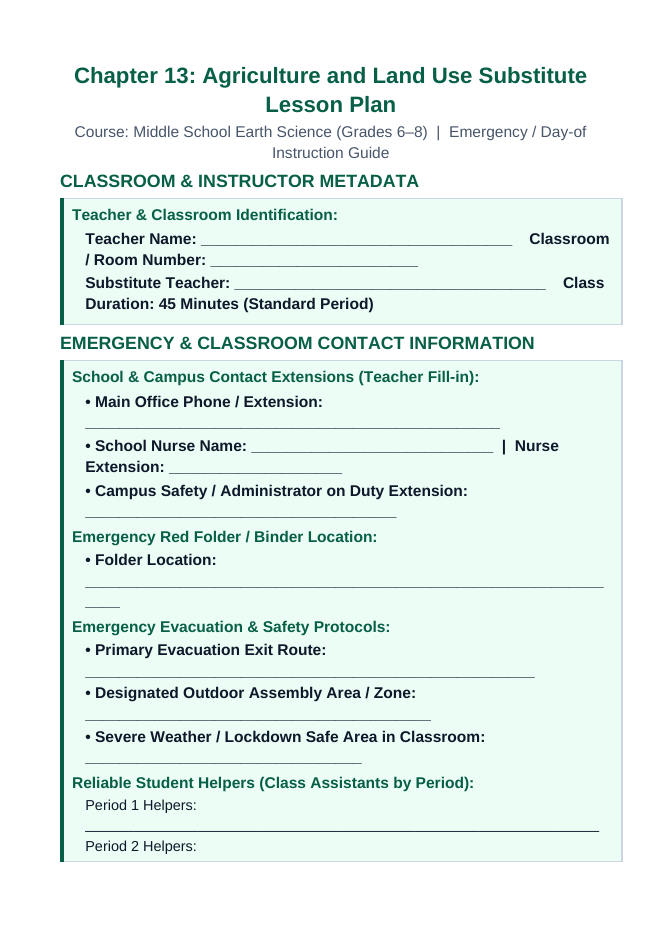 Agriculture & Land Use Substitute Lesson Plan sample page