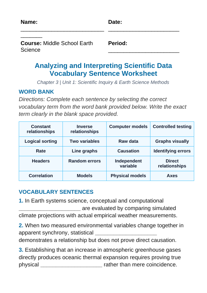 Analyzing & Interpreting Scientific Data Fill-in-the-Blank Vocabulary Worksheet sample page