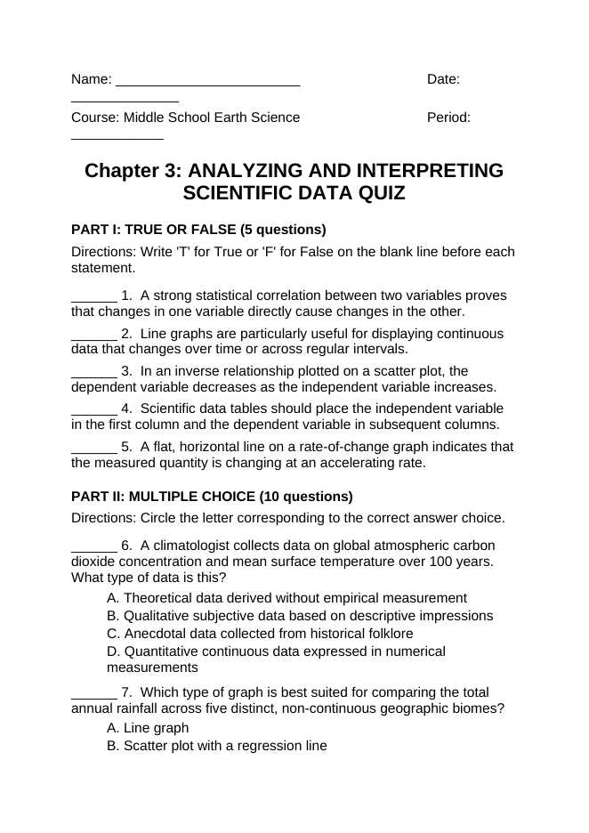 Analyzing & Interpreting Scientific Data Lesson Quiz sample page