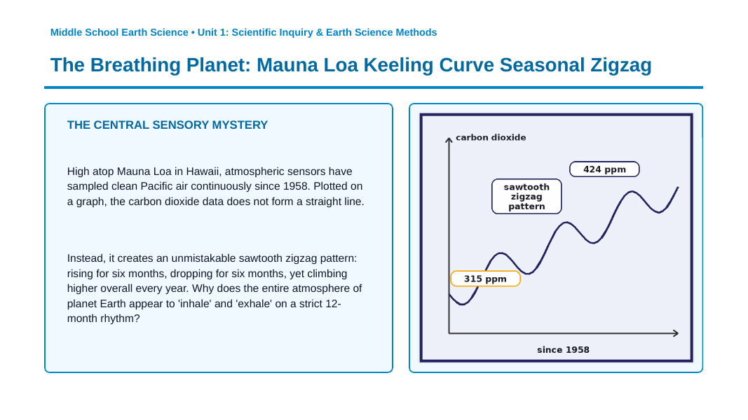 Analyzing & Interpreting Scientific Data Phenomena-Based Lesson: The Breathing Planet: Mauna Loa Keeling Curve Seasonal Zigzag Presentation sample page