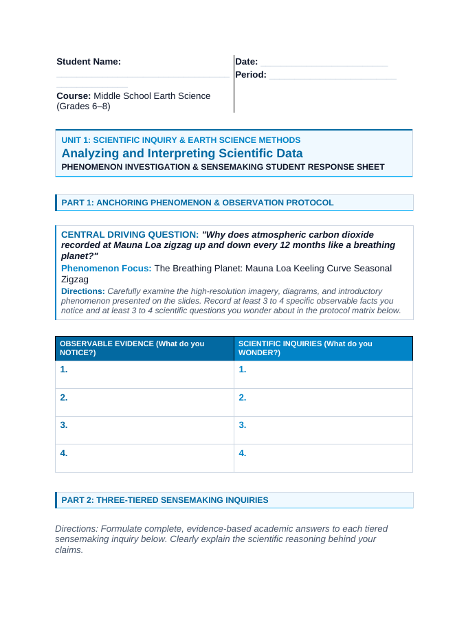Analyzing & Interpreting Scientific Data Phenomena-Based Lesson: The Breathing Planet: Mauna Loa Keeling Curve Seasonal Zigzag Student Response Sheet sample page