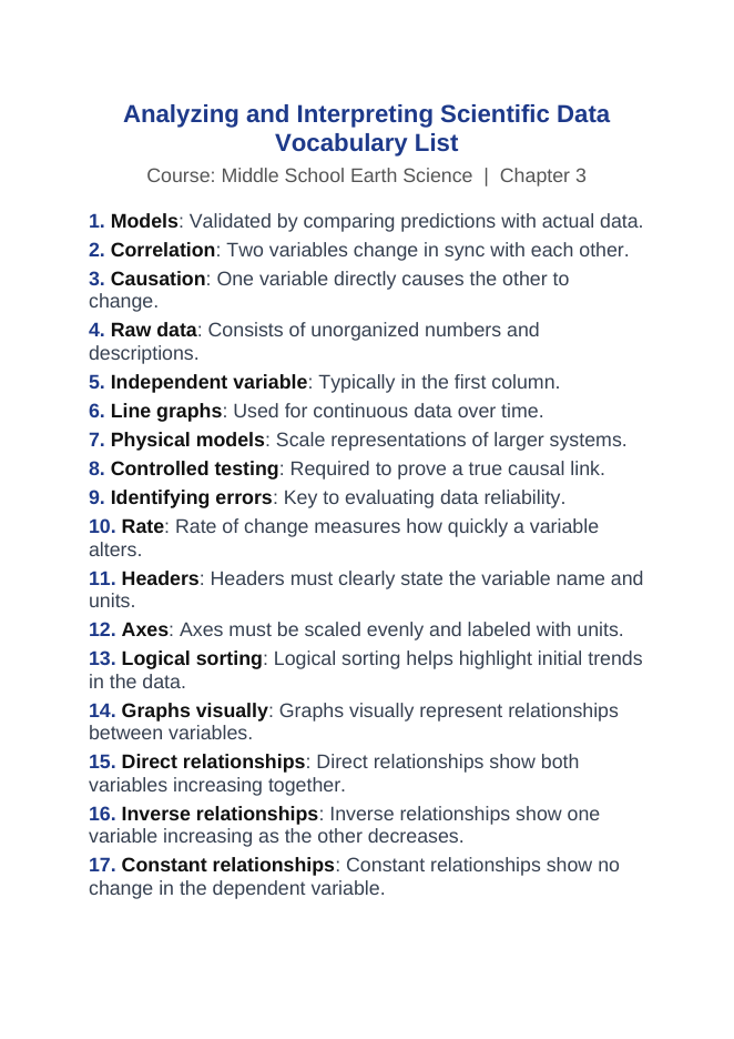 Analyzing & Interpreting Scientific Data Vocabulary Words & Definitions sample page