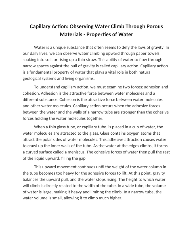 Capillary Action: Observing Water Climb Through Porous Materials Reading Worksheet sample page