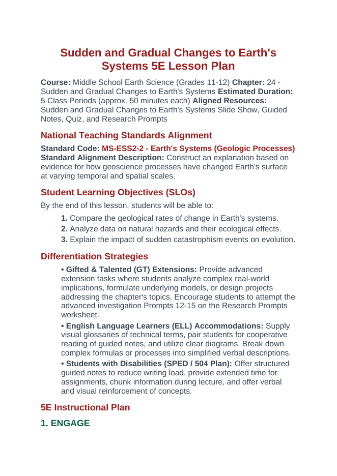 Changes to Earth's Systems 5E Lesson Plan sample page
