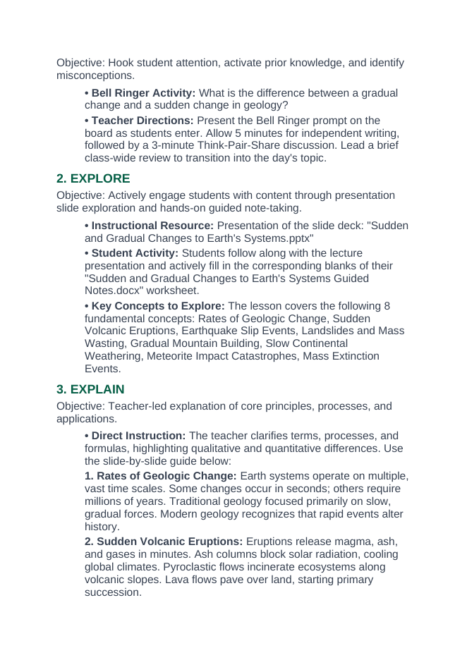 Changes to Earth's Systems 5E Lesson Plan sample page