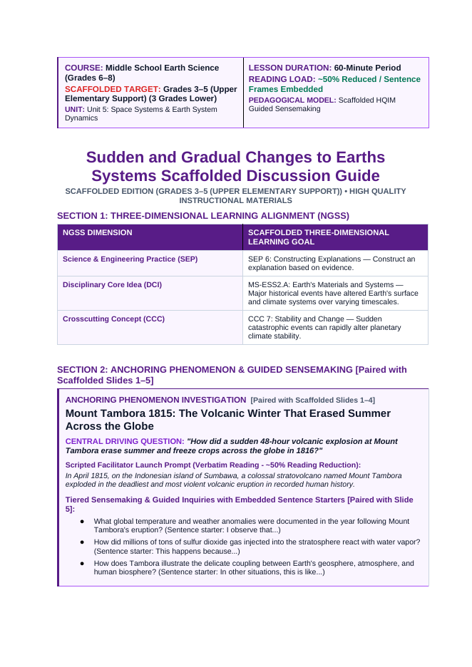 Changes to Earth's Systems Scaffolded Phenomena-Based Lesson: Mount Tambora 1815: The Volcanic Winter That Erased Summer Across the Globe Teacher Discussion Guide sample page