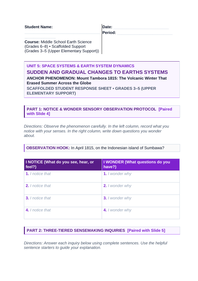 Changes to Earth's Systems Scaffolded Phenomena-Based Lesson: Mount Tambora 1815: The Volcanic Winter That Erased Summer Across the Globe Student Response Sheet sample page