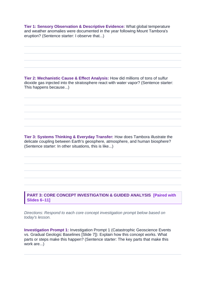 Changes to Earth's Systems Scaffolded Phenomena-Based Lesson: Mount Tambora 1815: The Volcanic Winter That Erased Summer Across the Globe Student Response Sheet sample page