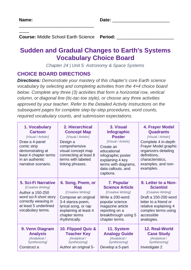 Changes to Earth's Systems Vocabulary Choice Board sample page