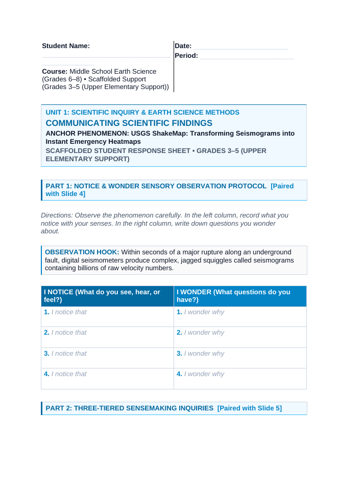Communicating Scientific Findings Scaffolded Phenomena-Based Lesson: USGS ShakeMap: Transforming Seismograms into Instant Emergency Heatmaps Student Response Sheet sample page