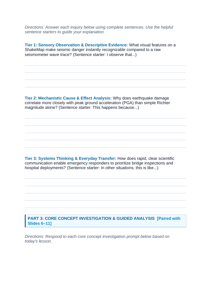 Communicating Scientific Findings Scaffolded Phenomena-Based Lesson: USGS ShakeMap: Transforming Seismograms into Instant Emergency Heatmaps Student Response Sheet sample page