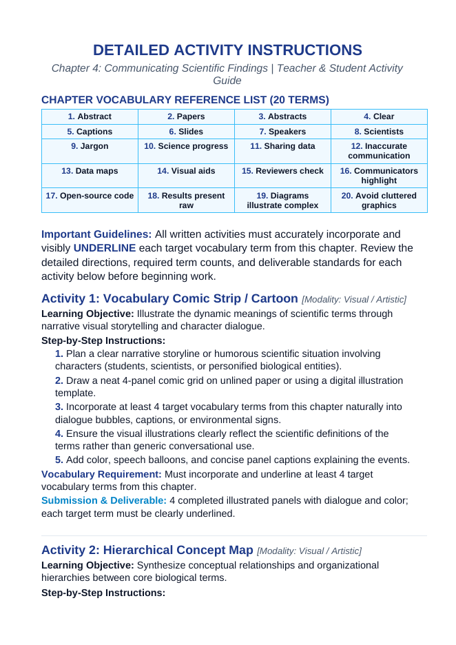 Communicating Scientific Findings Vocabulary Choice Board sample page