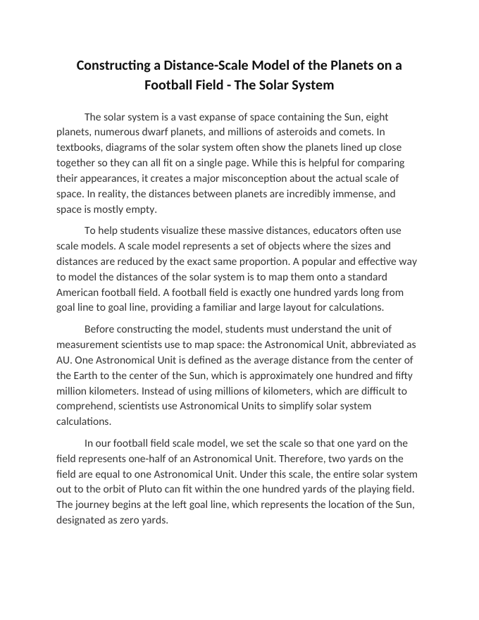 Constructing a Distance-Scale Model of the Planets on a Football Field Reading Worksheet sample page