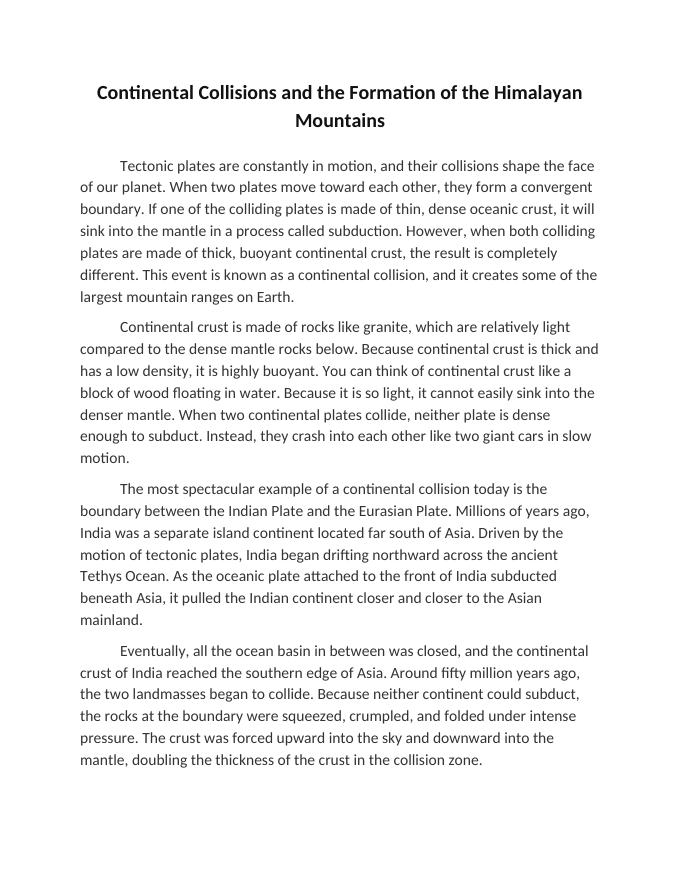 Continental Collisions and the Formation of the Himalayan Mountains Reading Worksheet sample page
