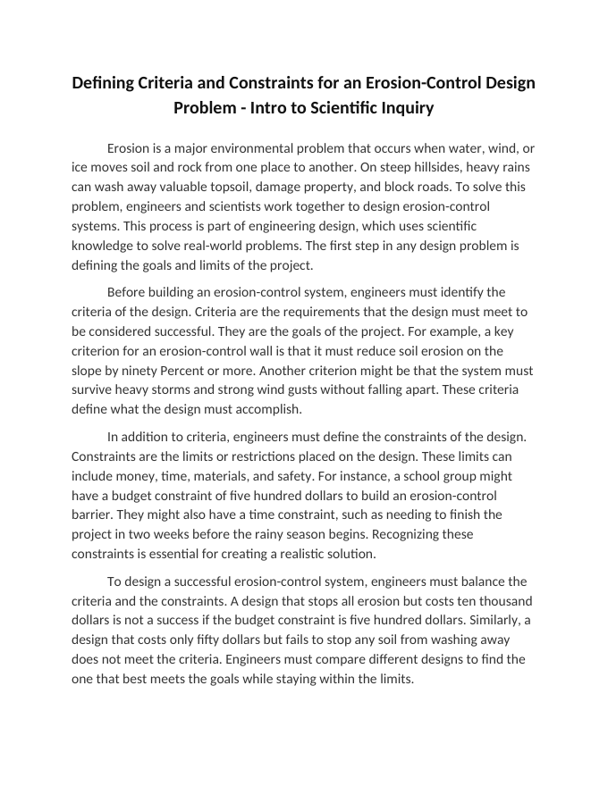 Defining Criteria and Constraints for an Erosion-Control Design Problem Reading Worksheet sample page