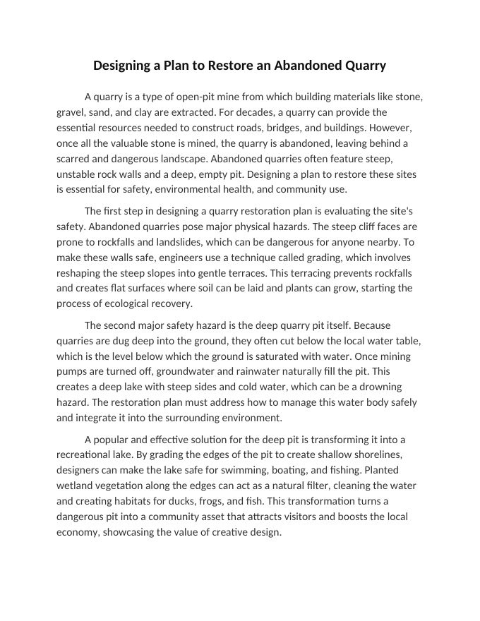 Designing a Plan to Restore an Abandoned Quarry Reading Worksheet sample page