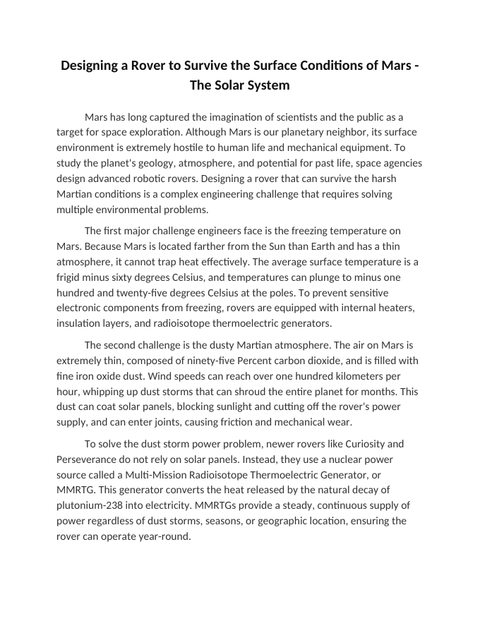 Designing a Rover to Survive the Surface Conditions of Mars Reading Worksheet sample page