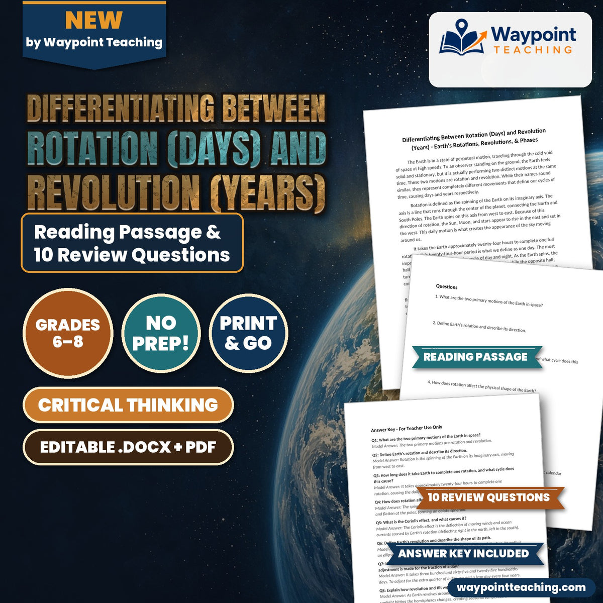Differentiating Between Rotation (Days) and Revolution (Years) Reading Worksheet cover