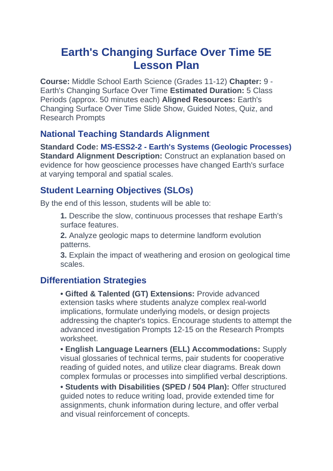 Earth's Changing Surface Over Time 5E Lesson Plan sample page