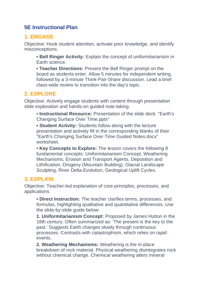 Earth's Changing Surface Over Time 5E Lesson Plan sample page