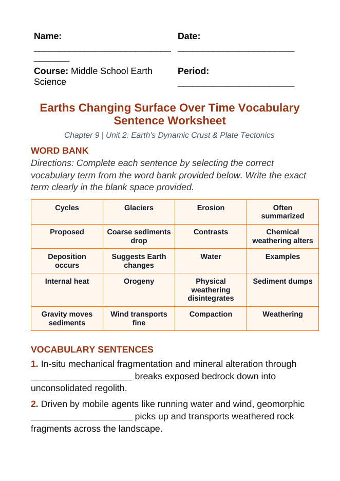 Earth's Changing Surface Over Time Fill-in-the-Blank Vocabulary Worksheet sample page