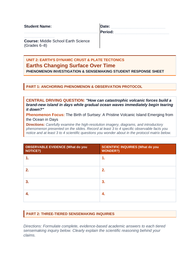 Earth's Changing Surface Over Time Phenomena-Based Lesson: The Birth of Surtsey: A Pristine Volcanic Island Emerging from the Ocean in Days Student Response Sheet sample page