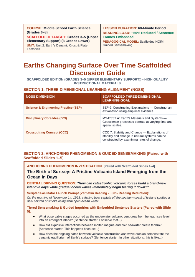 Earth's Changing Surface Over Time Scaffolded Phenomena-Based Lesson: The Birth of Surtsey: A Pristine Volcanic Island Emerging from the Ocean in Days Teacher Discussion Guide sample page