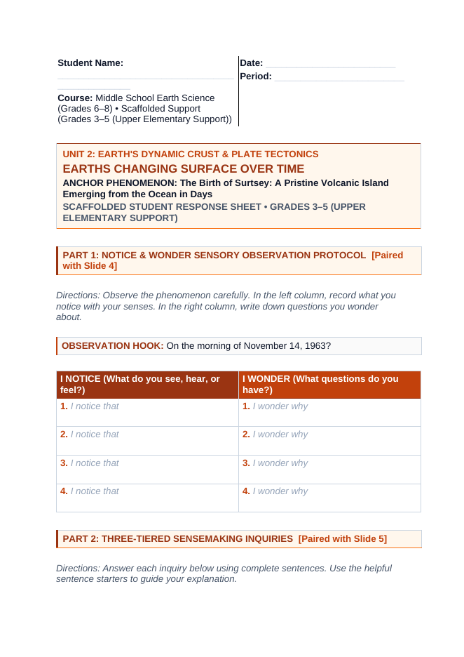 Earth's Changing Surface Over Time Scaffolded Phenomena-Based Lesson: The Birth of Surtsey: A Pristine Volcanic Island Emerging from the Ocean in Days Student Response Sheet sample page
