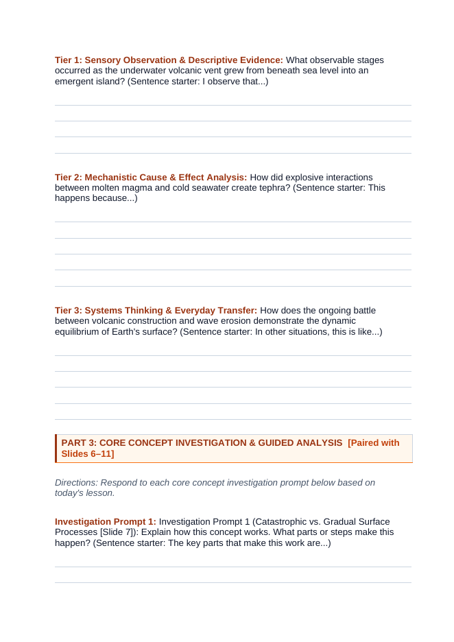 Earth's Changing Surface Over Time Scaffolded Phenomena-Based Lesson: The Birth of Surtsey: A Pristine Volcanic Island Emerging from the Ocean in Days Student Response Sheet sample page