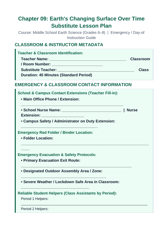 Earth's Changing Surface Over Time Substitute Lesson Plan sample page