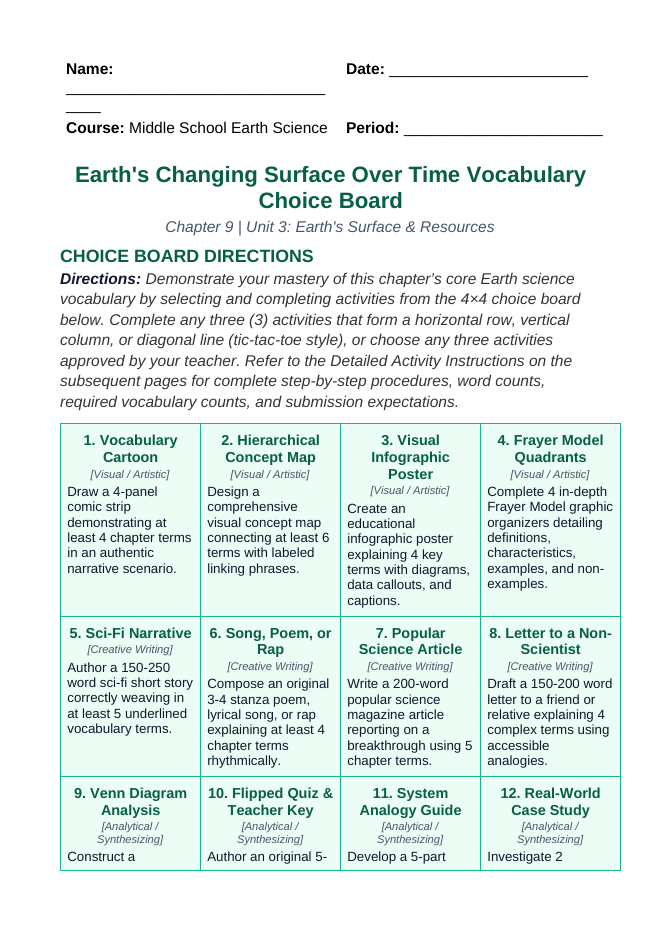 Earth's Changing Surface Over Time Vocabulary Choice Board sample page