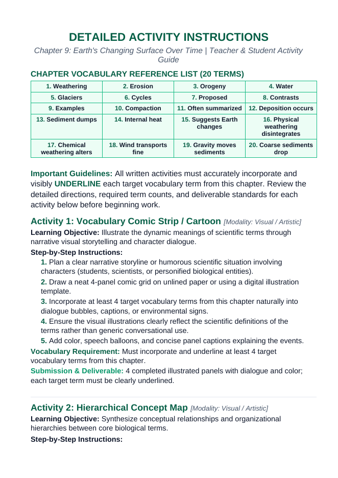 Earth's Changing Surface Over Time Vocabulary Choice Board sample page
