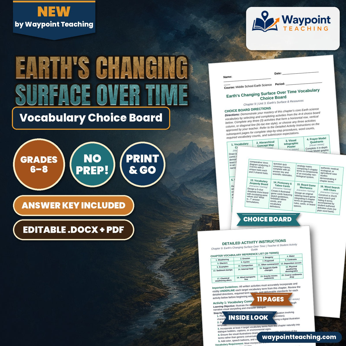 Earth's Changing Surface Over Time Vocabulary Choice Board cover