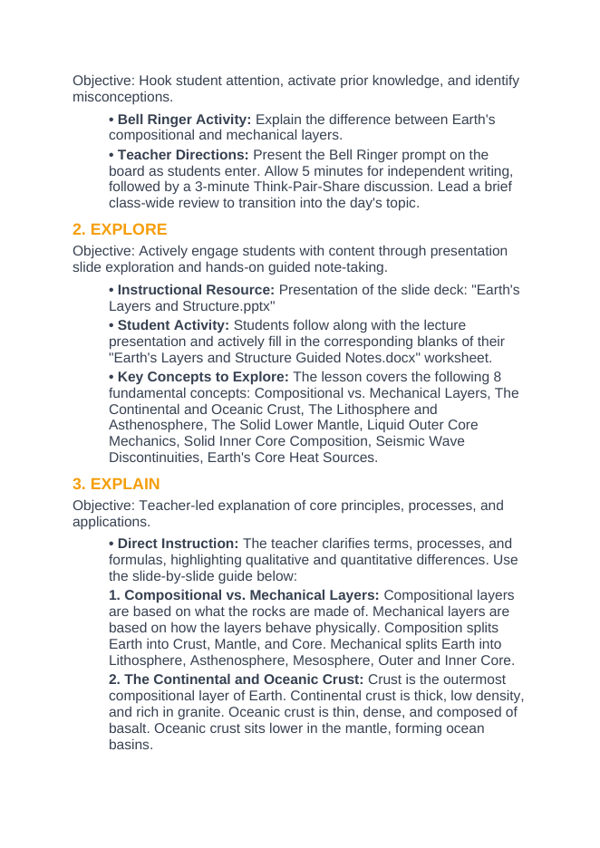 Earth's Layers & Structure 5E Lesson Plan sample page