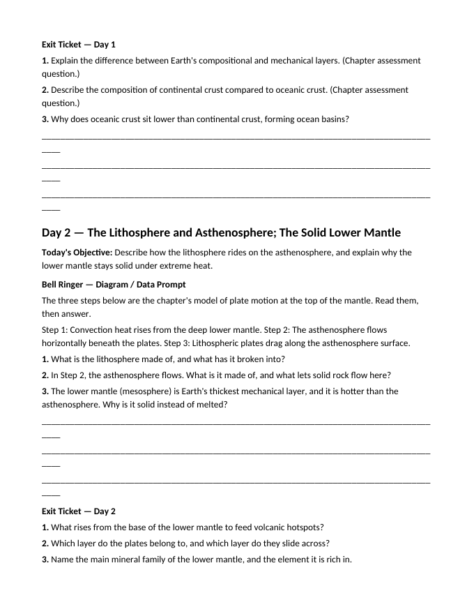 Earth's Layers & Structure Bell Ringers & Exit Tickets sample page