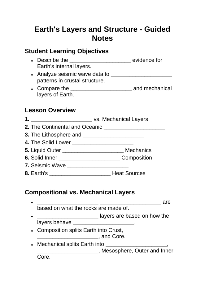Earth's Layers & Structure Guided Notes sample page