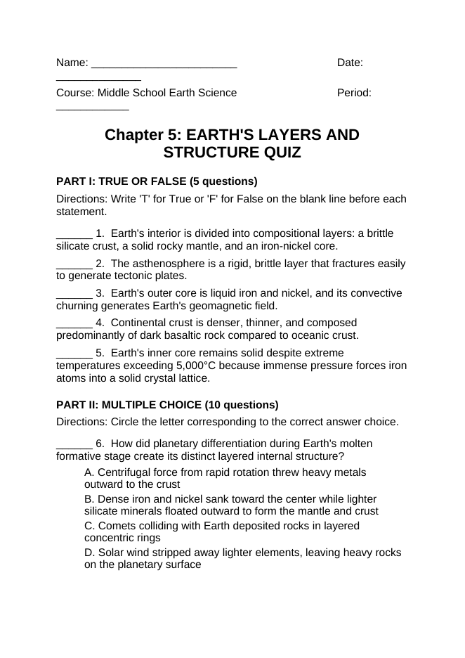 Earth's Layers & Structure Lesson Quiz sample page