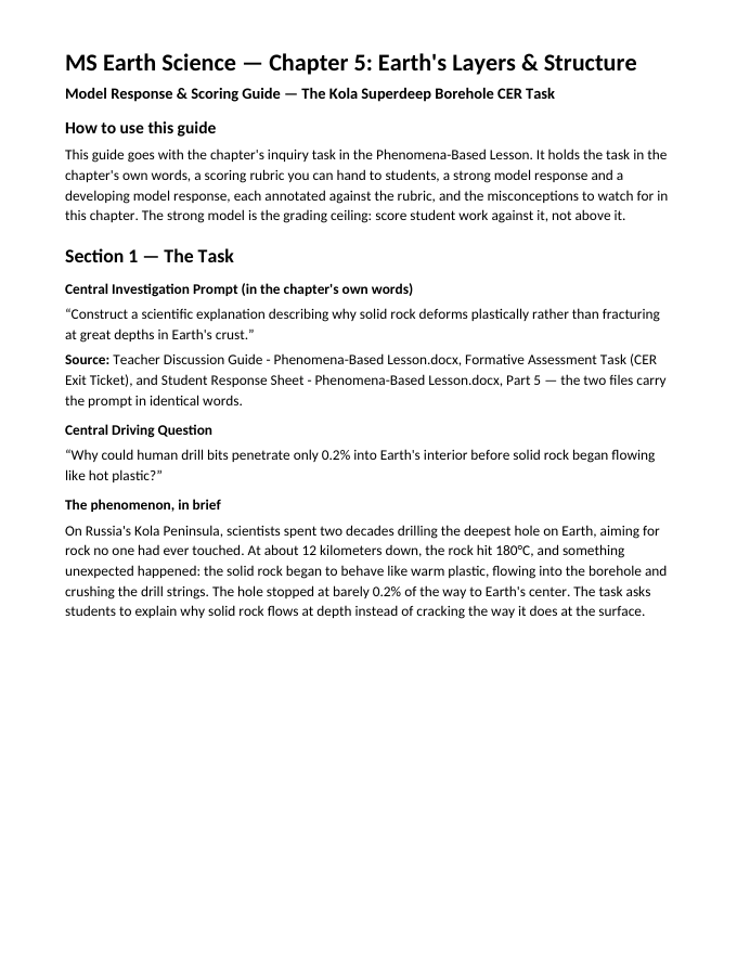 Earth's Layers & Structure Model Response & Scoring Guide sample page