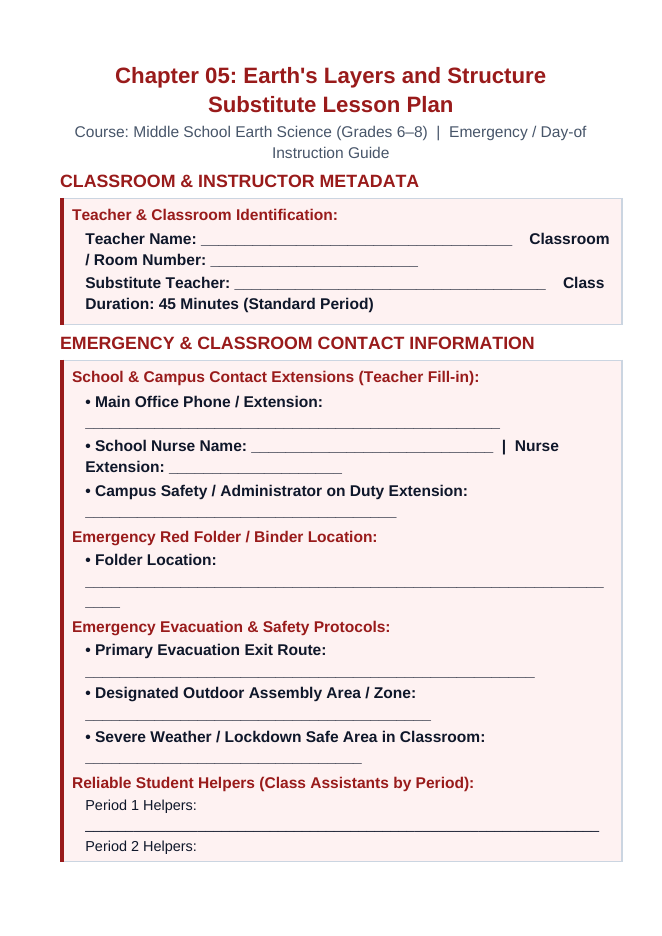 Earth's Layers & Structure Substitute Lesson Plan sample page