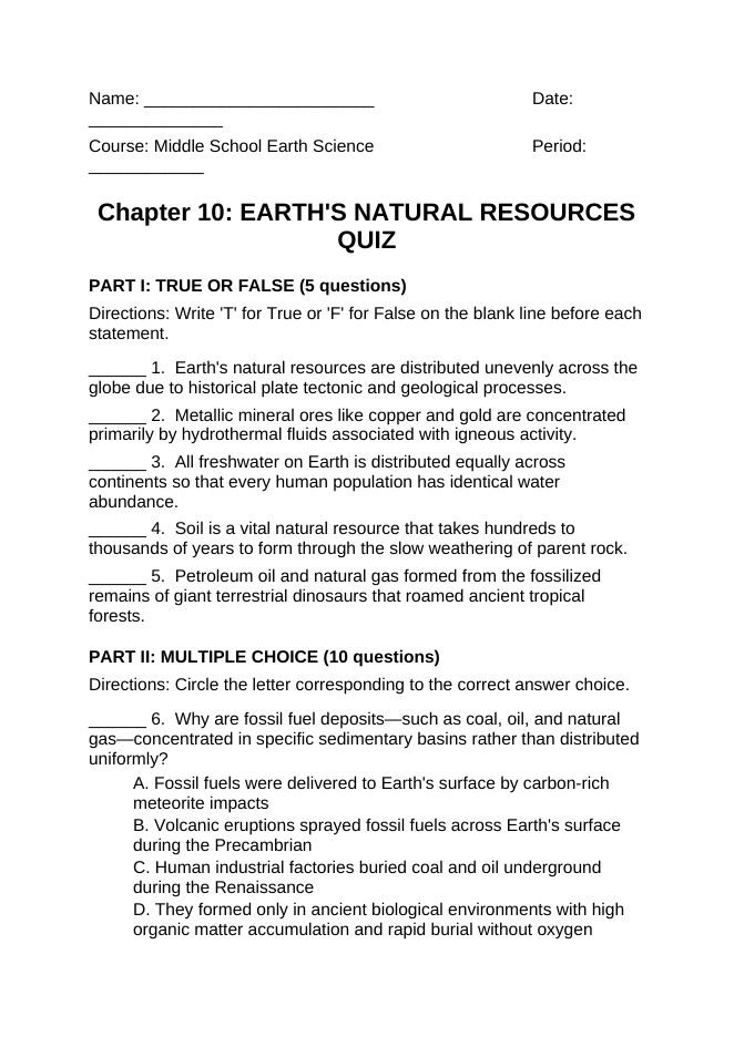 Earth's Natural Resources Lesson Quiz sample page
