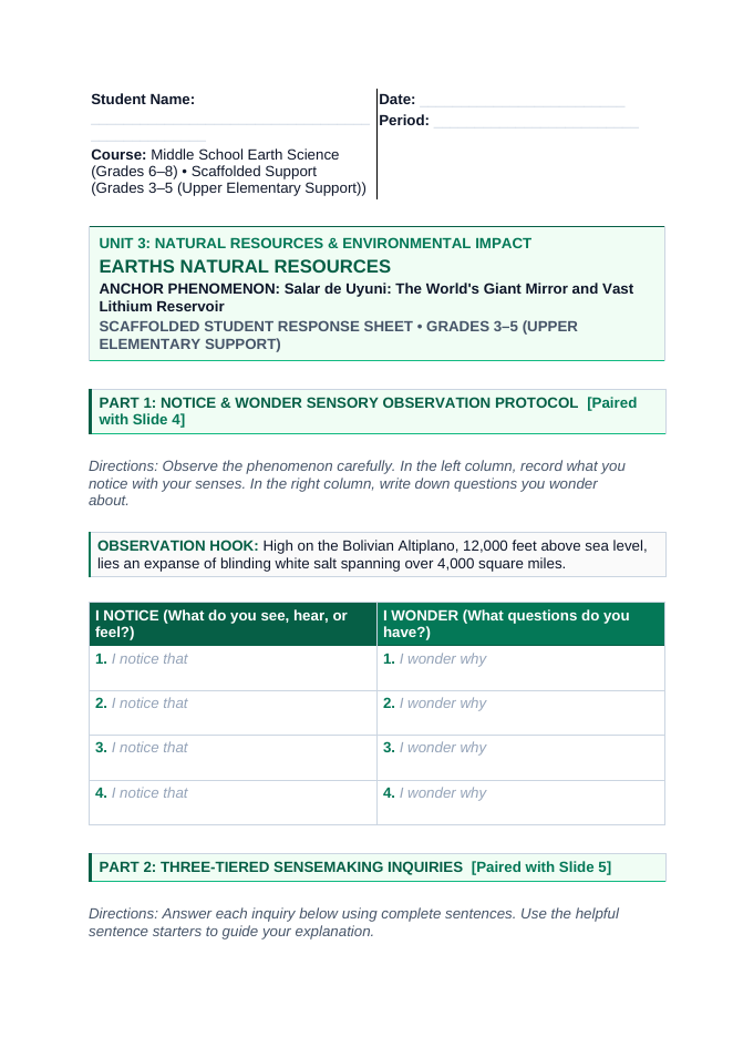 Earth's Natural Resources Scaffolded Phenomena-Based Lesson: Salar de Uyuni: The World's Giant Mirror and Vast Lithium Reservoir Student Response Sheet sample page