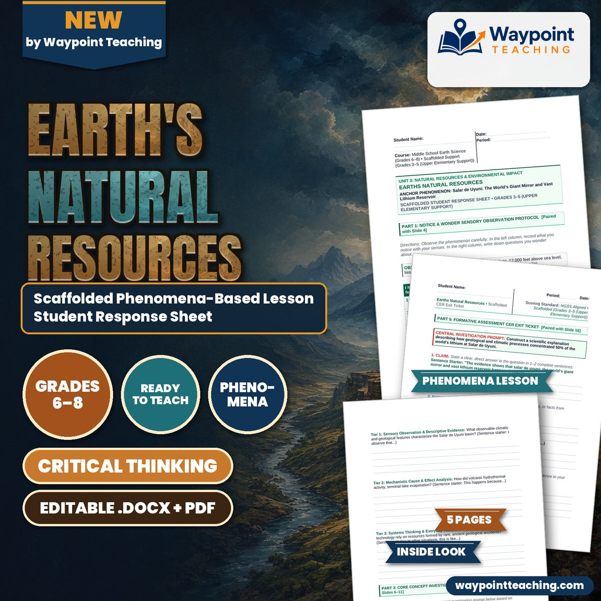 Earth's Natural Resources Scaffolded Phenomena-Based Lesson: Salar de Uyuni: The World's Giant Mirror and Vast Lithium Reservoir Student Response Sheet cover