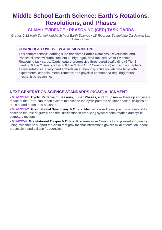 Earth's Rotations, Revolutions, & Phases CER Task Cards sample page
