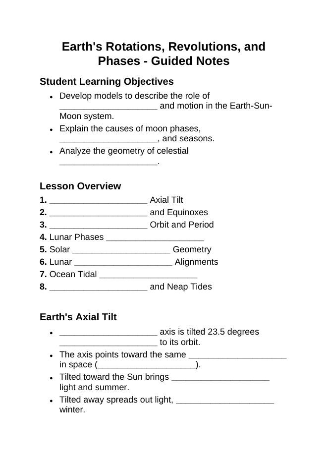 Earth's Rotations, Revolutions, & Phases Guided Notes sample page